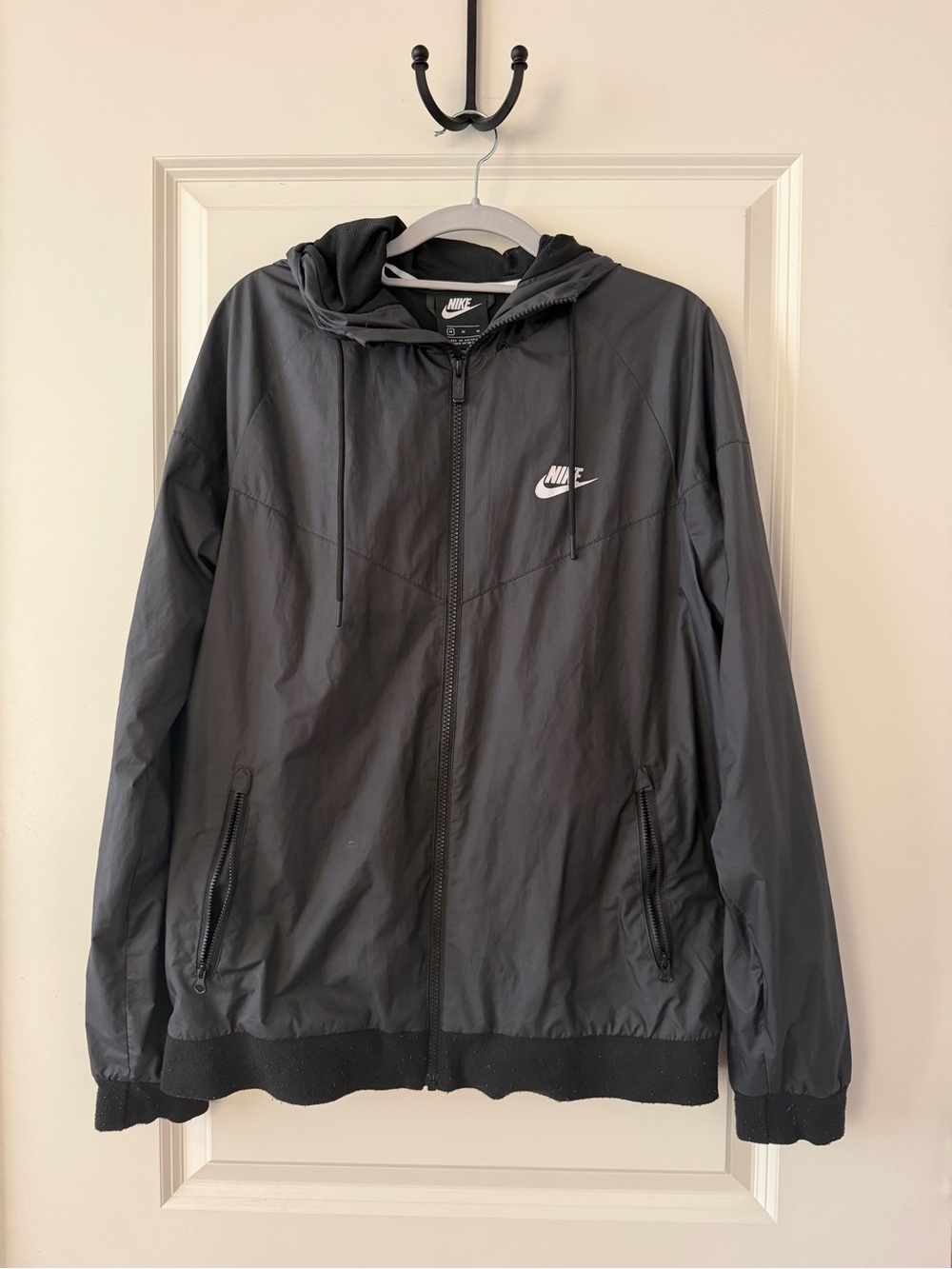 Nike Men’s Black Hooded Windbreaker with White Swoosh